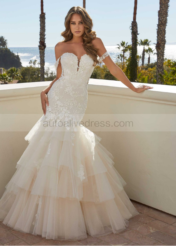 Lace Tulle Tiered Princess Wedding Dress With Detachable Straps